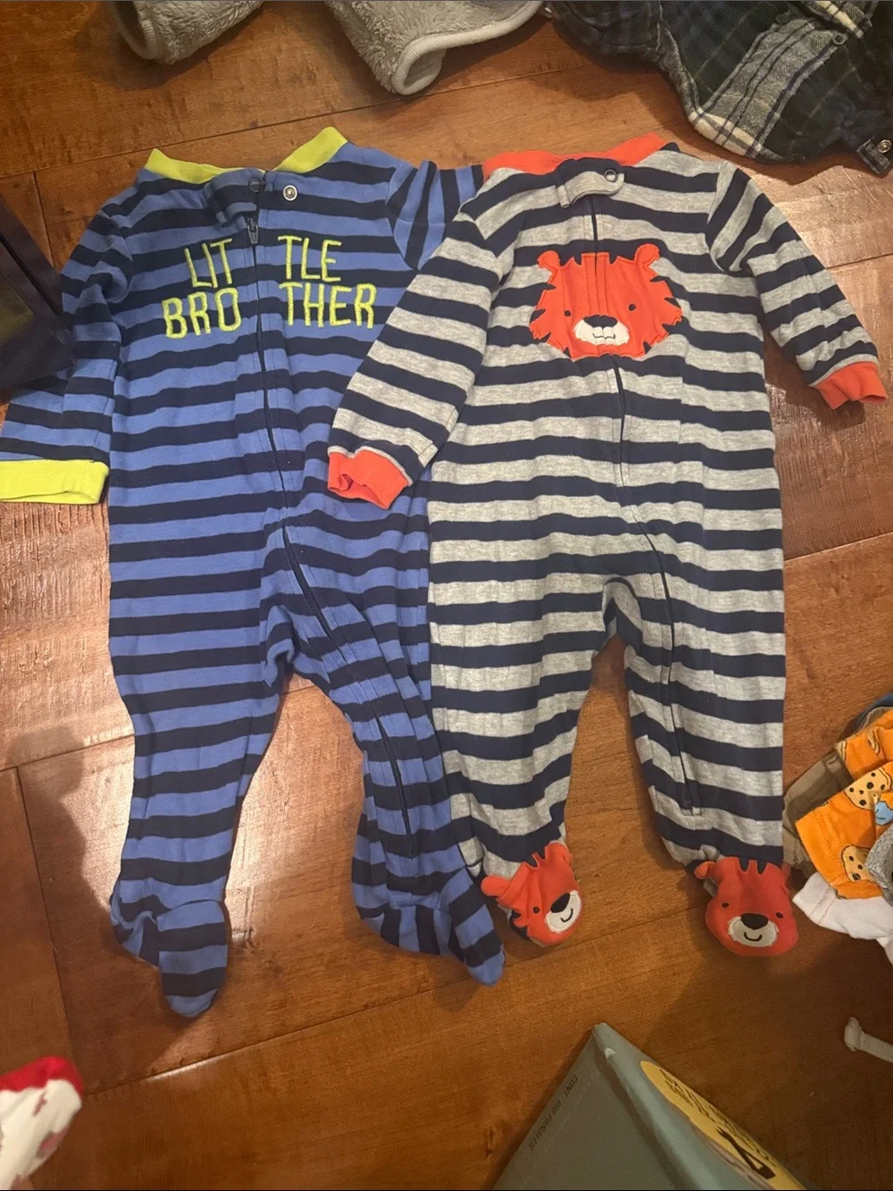 Set of 2 Carter's Blue & Gray Striped Footies with Lion and 'Little Brother'